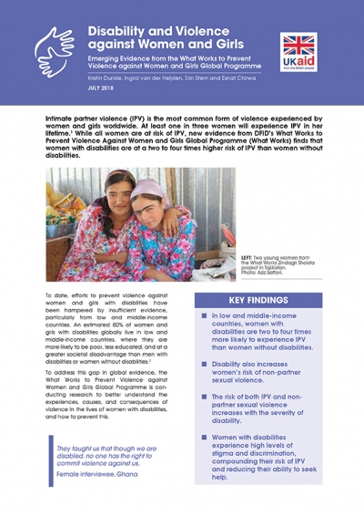 Disability and Violence Against Women and Girls – Emerging Evidence from the What Works to Prevent Violence Against Women and Girls Programme