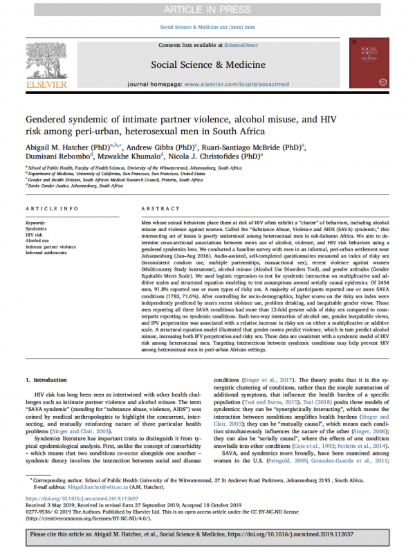 Gendered syndemic of intimate partner violence, alcohol misuse, and HIV risk among peri-urban, heterosexual men in South Africa